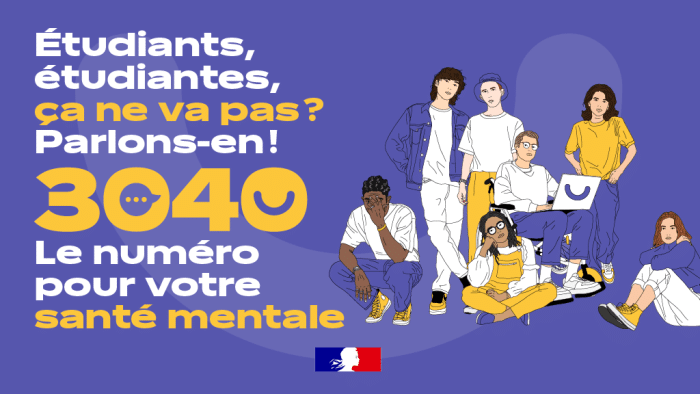 Ligne d'écoute Etudiants, étudiantes, ça ne va pas ? Parlons en ! 3040, le numéro pour votre santé mentale.